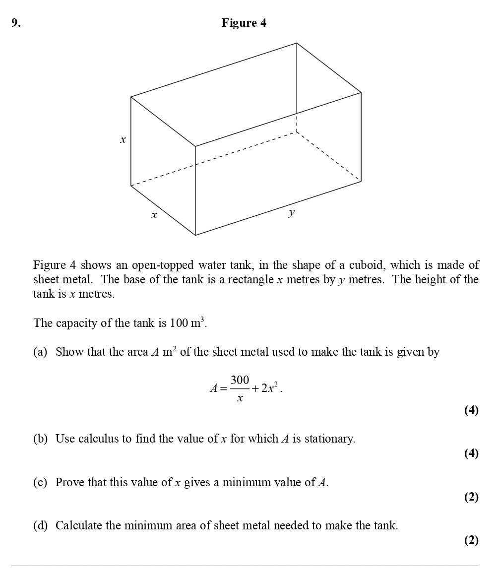 Figure-4-shows-an-open-topped-water-tank,-in-the-shape-of-a-cuboid,-which-is-made-of-sheet-metal-Edexcel-A-Level Maths Pure-Question 1-2007-Paper 2.png
